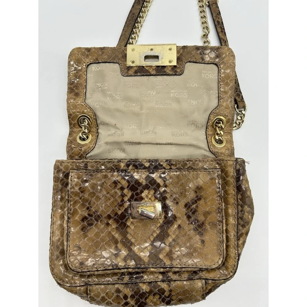 MICHAEL KORS Selma Python Embossed‎ Leather Studded Shoulder Bag Gold Chain Flap